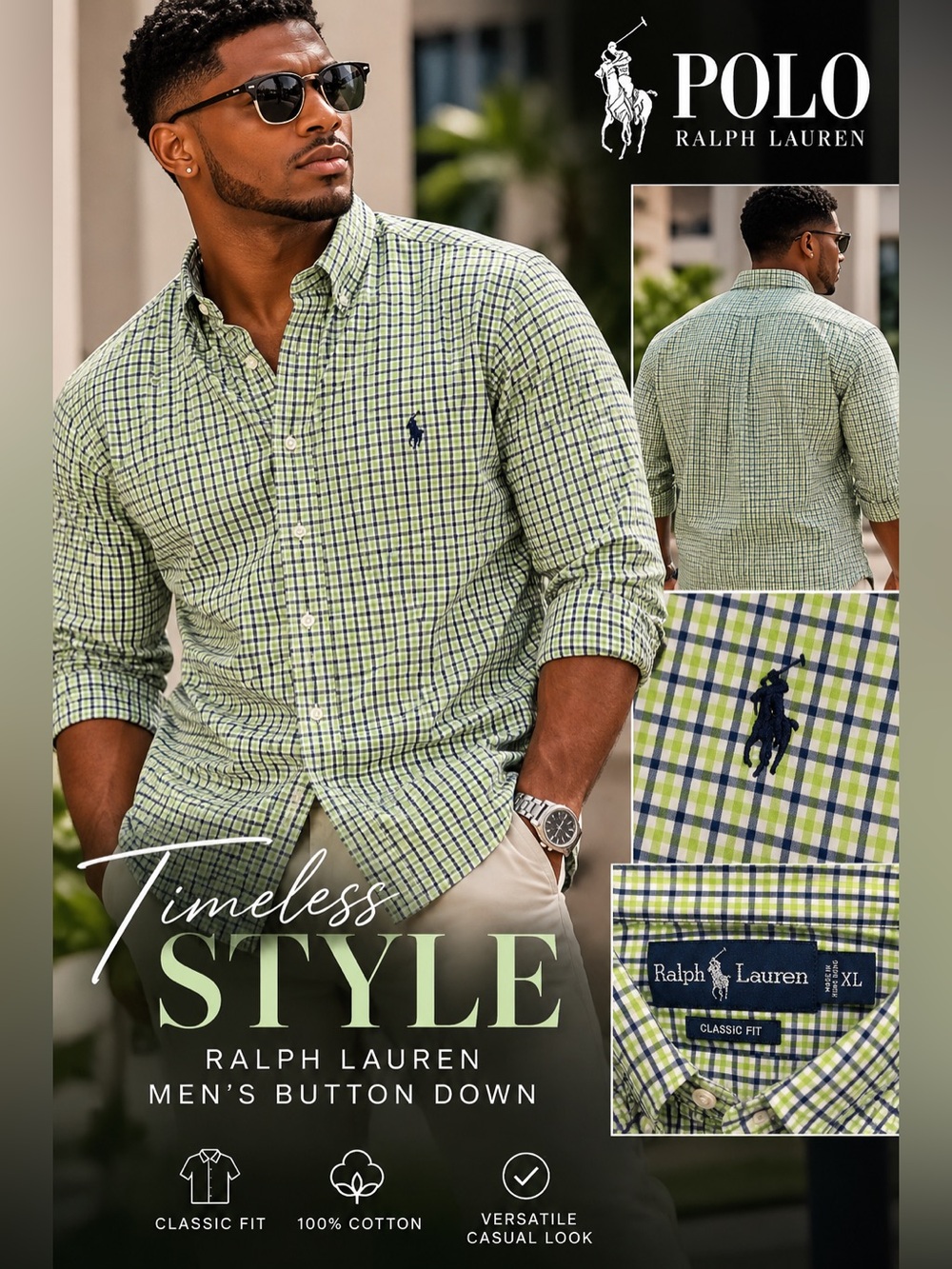 Ralph Lauren Green and Navy Plaid Button-Down Shirt size XL